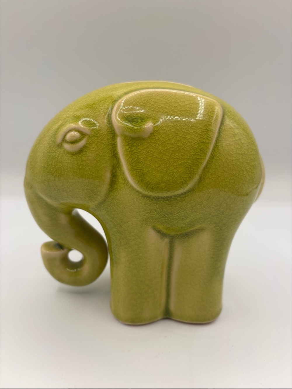 Vintage Ceramic Celadon Crackled Green Elephant Piggy Bank with Slot & Stopper